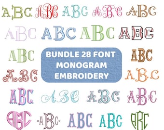 ZESTAW 28 czcionek do haftu monogramowego, klasyczny alfabet blokowy w stylu vintage, pakiet spersonalizowanych inicjałów ślubnych, 6 rozmiarów + format Bx