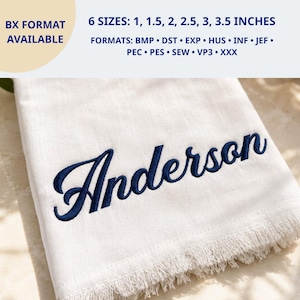 May include: A white fabric featuring the embroidered name Anderson in dark blue script. Text above states: BX FORMAT AVAILABLE, 6 SIZES: 1, 1.5, 2, 2.5, 3, 3.5 INCHES, FORMATS: BMP, DST, EXP, HUS, INF, JEF, PEC, PES, SEW, VP3, XXX.