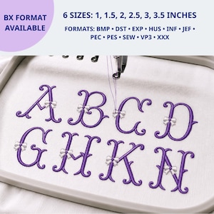 Fishtail Bow Embroidery - Coquette Cursive Alphabet Embroidery - Girly Script Lettering with Bows - 6 Sizes 11 Formats - Instant Download