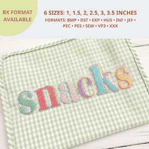 May include: An embroidery design featuring the word snacks in multicolored, textured letters on a light green and white gingham fabric background. Text indicates 6 sizes from 1 to 3.5 inches and lists file formats including BMP, DST, EXP, HUS, INF, JEF, PEC, PES, SEW, VP3, and XXX.