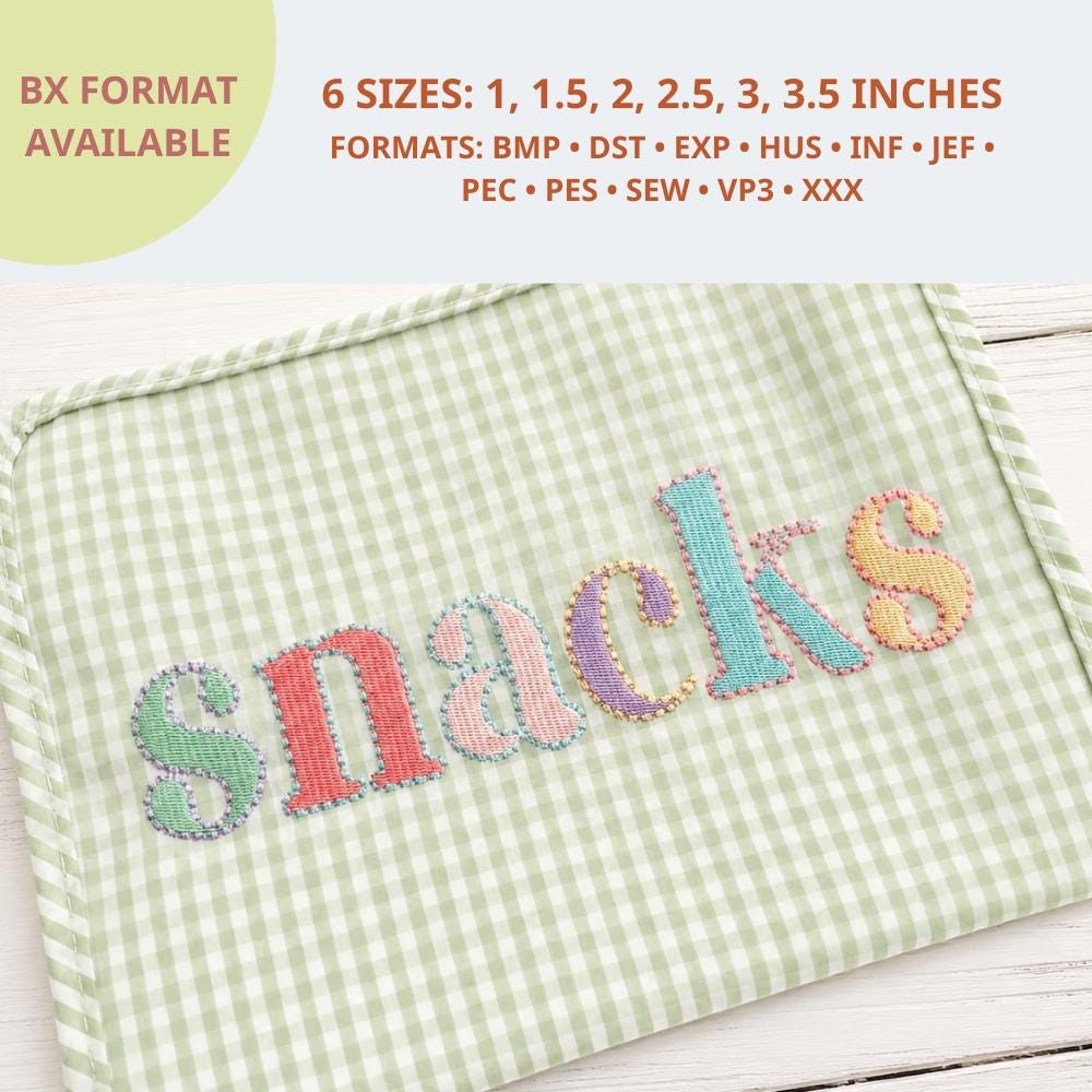 Snacks Bean Stitch Serif Two Color Embroidery Font, Stitc… embroidery font sample