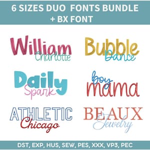 Könnte beinhalten: Ein digitales Stickschrift-Paket mit sechs verschiedenen Stilen und Textbeispielen wie William, Charlotte, Bubble, Dance, Daily, Spark, boy, mama, ATHLETIC, Chicago, BEAUX und Jewelry. Die aufgeführten Dateiformate sind DST, EXP, HUS, SEW, PES, XXX, VP3, PEC.