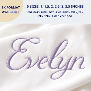Puede incluir: Un diseño de bordado digital con el nombre Evelyn en letra cursiva morada sobre un fondo de tela blanca. El texto incluye: BX FORMAT AVAILABLE, 6 SIZES: 1, 1.5, 2, 2.5, 3, 3.5 INCHES, FORMATS: BMP, DST, EXP, HUS, INF, JEF, PEC, PES, SEW, VP3, XXX.