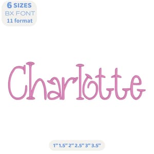 May include: A pink embroidered name, "Charlotte," in a whimsical font. The image includes text indicating six size options, the font type, and available formats. Measurement options range from 1 inch to 3.5 inches.