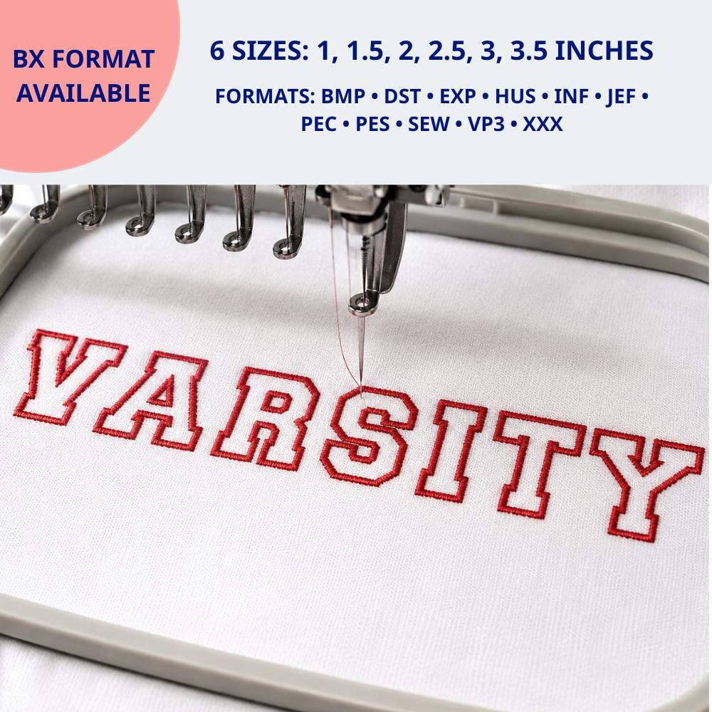 Tall Varsity Collegiate Academic Outline, New Block Embro… embroidery font sample