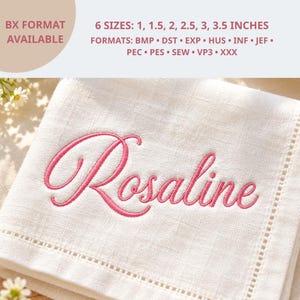 Op de afbeelding: Een witte stoffen servet met de geborduurde naam Rosaline in roze cursief schrift. De tekst hierboven geeft het beschikbare BX-formaat aan, 6 maten van 2,54 tot 8,89 cm, en bestandsformaten zoals BMP, DST, EXP, HUS, INF, JEF, PEC, PES, SEW, VP3, XXX.