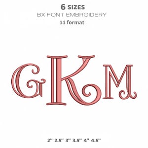 May include: Pink embroidered letters GKM with decorative swirls. The image includes the text "6 SIZES", "BX FONT EMBROIDERY", "11 format", and size measurements in inches: 2", 2.5", 3", 3.5", 4", and 4.5".