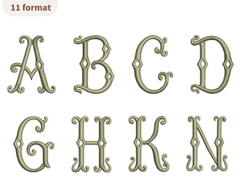 Haftowany monogram „rybi ogon”, ozdobny alfabet w stylu vintage, eleganckie litery szeryfowe, inicjały na ręcznikach ślubnych, 6 rozmiarów, 11 formatów + czcionka Bx