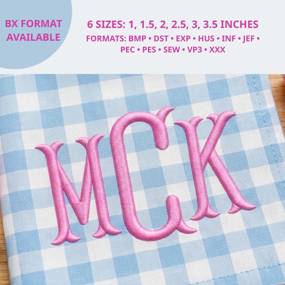 Fishtail Skinny Monogram Embroidery Font, Tall Classic Se… embroidery font sample