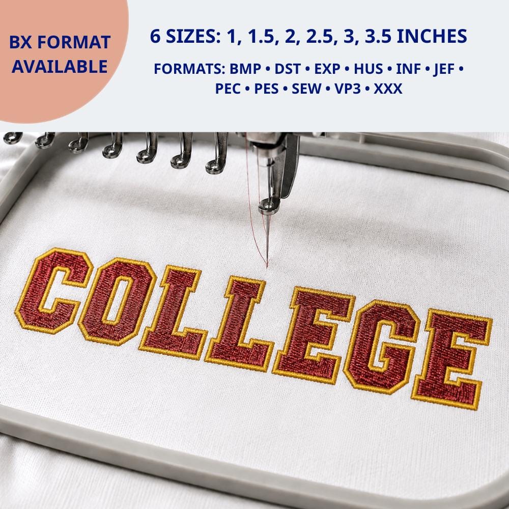COLLEGE 2 Color Digital Embroidery Font, Sport Satin Fill… embroidery font preview