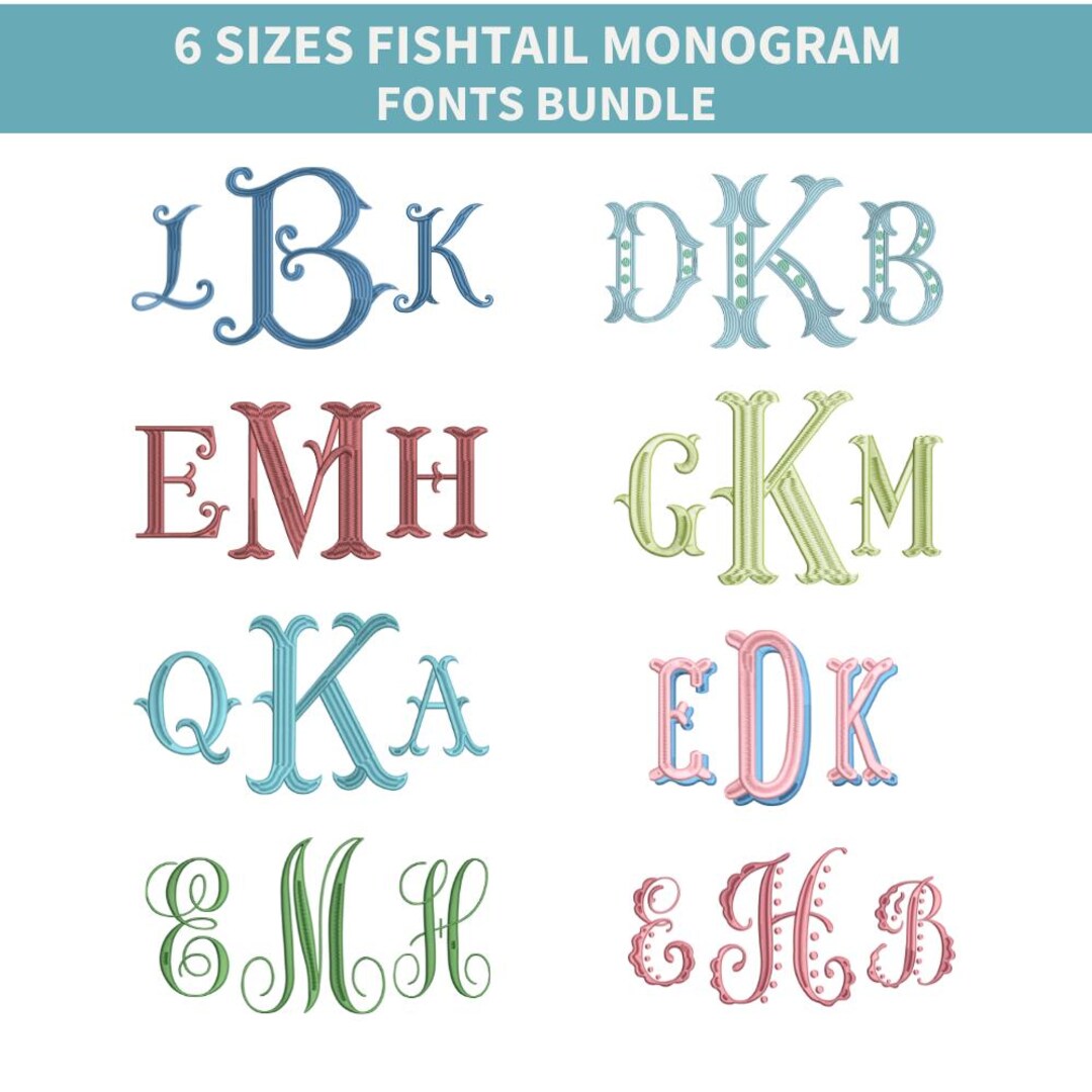 Fishtail Monogram Embroidery Font Bundle, Interlocking Monogram ...