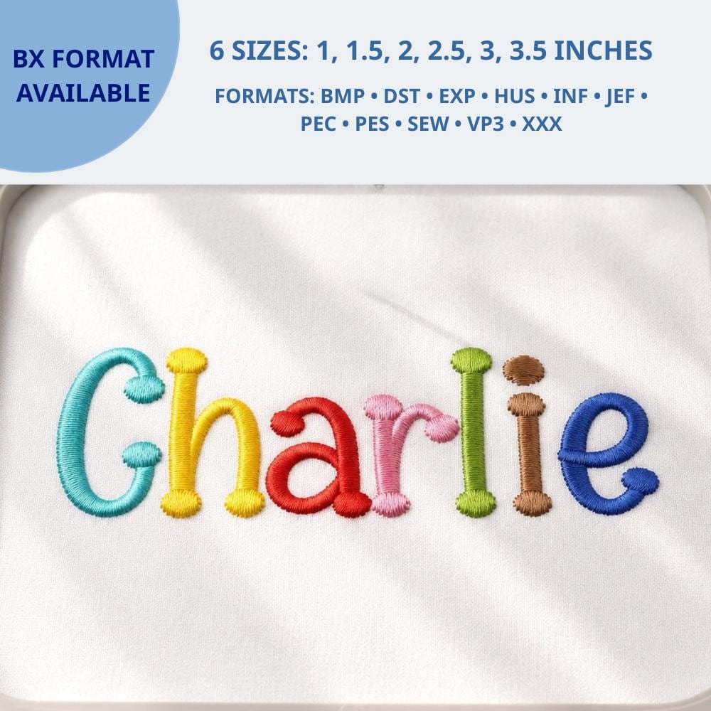 Charlie Cursive Satin Stitch Embroidery Font, Whimsical F… embroidery font sample