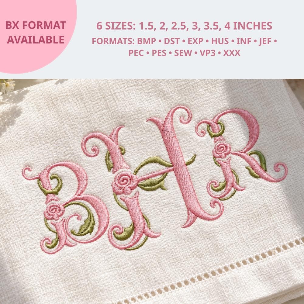Fishtail Monogram Embroidery Font with Flowers, Vintage R… embroidery font sample