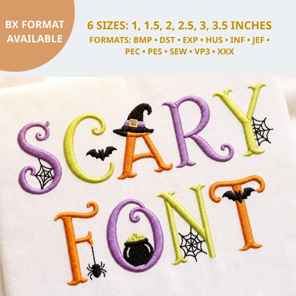 Spooky Halloween Scary Fishtail Embroidery Font, Spider F… embroidery font sample
