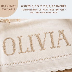 May include: An embroidery design featuring the name OLIVIA stitched in a tan cross-stitch pattern on a cream-colored fabric. Text indicates 6 sizes from 1 to 3.5 inches and file formats including BMP, DST, EXP, HUS, INF, JEF, PEC, PES, SEW, VP3, and XXX.