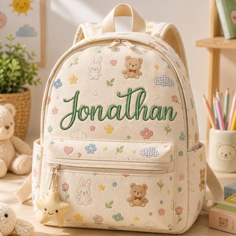 Op de afbeelding: Een cr&egrave;mekleurige rugzak met de geborduurde naam Jonathan in groen schrift. De tas is versierd met kleine patronen van bruine teddyberen, witte konijntjes, kleurrijke bloemen, sterren en wolken. Een pluche sterhanger hangt aan de voorste rits.