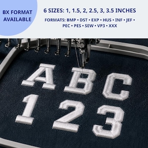 May include: An embroidery machine hoop frames dark fabric featuring white stitched letters A, B, C and numbers 1, 2, 3. Text states: BX FORMAT AVAILABLE, 6 SIZES: 1, 1.5, 2, 2.5, 3, 3.5 INCHES, FORMATS: BMP, DST, EXP, HUS, INF, JEF, PEC, PES, SEW, VP3, XXX.