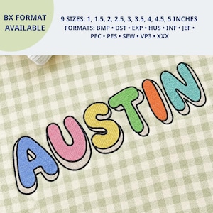 Puede incluir: Un diseño de bordado con el nombre AUSTIN en letras estilo burbuja multicolores sobre tela de cuadros vichy verde claro. El texto indica 9 tamaños de 1 a 5 pulgadas y varios formatos de archivo, incluidos BX, BMP, DST, EXP, HUS, INF, JEF, PEC, PES, SEW, VP3 y XXX.