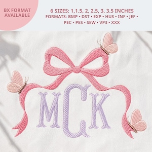 May include: An embroidery design featuring a pink ribbon tied into a bow with three small butterflies and the purple monogram letters MCK. Text states: 6 SIZES: 1, 1.5, 2, 2.5, 3, 3.5 INCHES. FORMATS: BMP, DST, EXP, HUS, INF, JEF, PEC, PES, SEW, VP3, XXX.