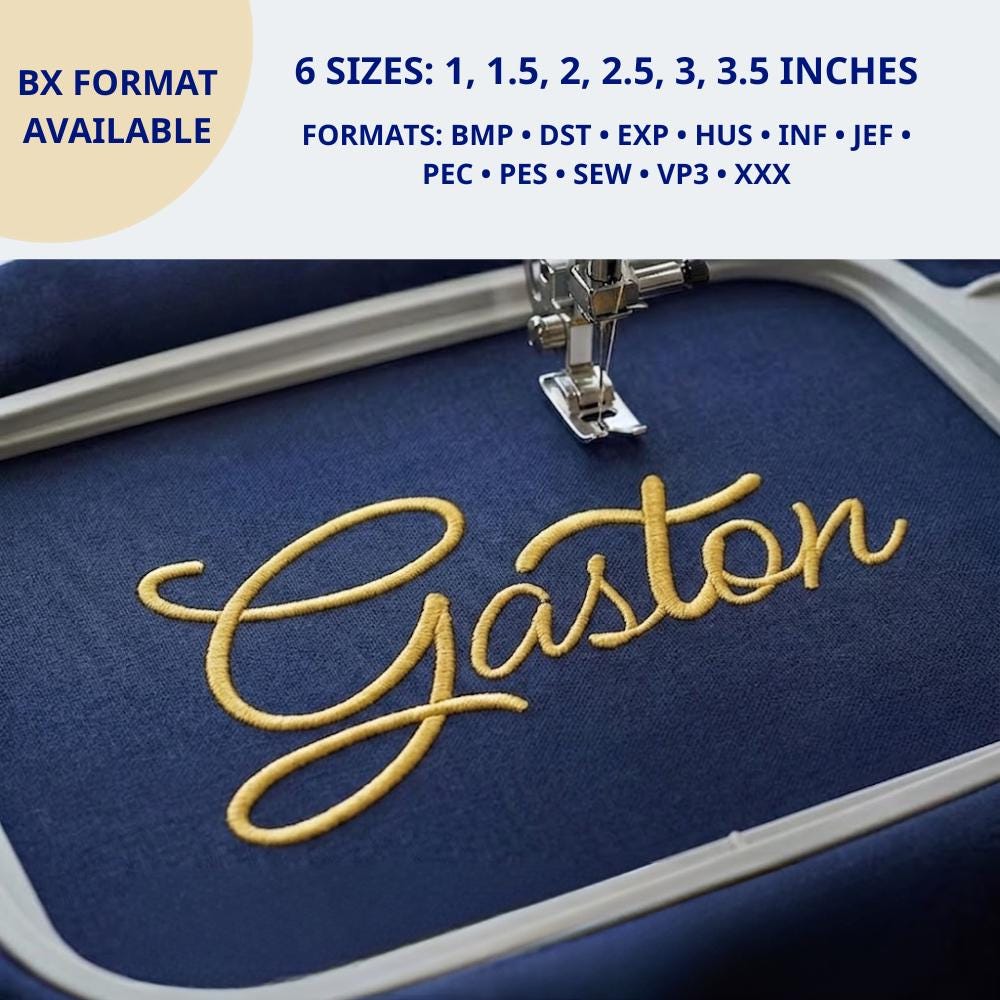 Gaston Handwritten Script Machine Embroidery Font, Cursiv… embroidery font sample