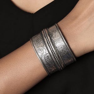 Floral Engraved Silver Cuff Bracelet: Handmade Boho Tribal Jewelry