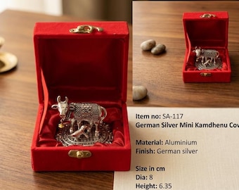 Tysk silver mini Kamdhenu ko och kalv idol | Hinduisk Pooja Mandir dekor | Vastu utställningsfigur | Traditionell indisk återgåva