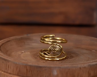 Handmade Spiral Swirl Brass Ring | Hammered Adjustable Boho Ring | Gold Plated Rustic Coil Jewelry | Unique Statement Ring for Women
