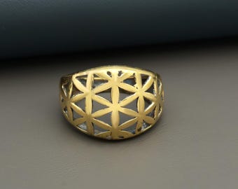Handmade Brass Flower of Life Ring – Geometric Sacred Geometry Gold Ring, Spiritual Boho Statement Jewelry for Men & Women