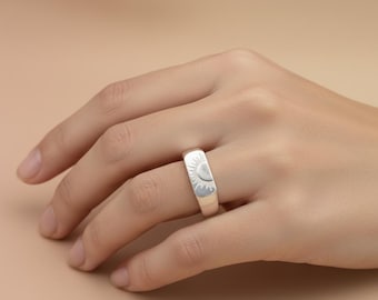 Silver Sunrise Signet Ring | Minimalist Sun Engraved Ring for Men & Women | Vintage Boho Statement Jewelry | Handmade Sterling Silver Gift