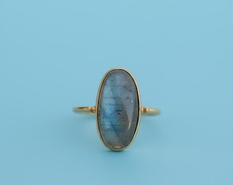 Long Gold Labradorite Ring 14k Gold Plated Rings, Blue Fire Labradorite Gold Ring, 925 Sterling Silver Ring Gemstone 10*20MM Long Stone Ring