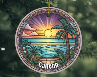 Cancun Mexico, Family Trip Christmas Ornament, Keepsake Ornament, Unique Ornament, Christmas Gift, Faux Stained Glass, Gift Exchange