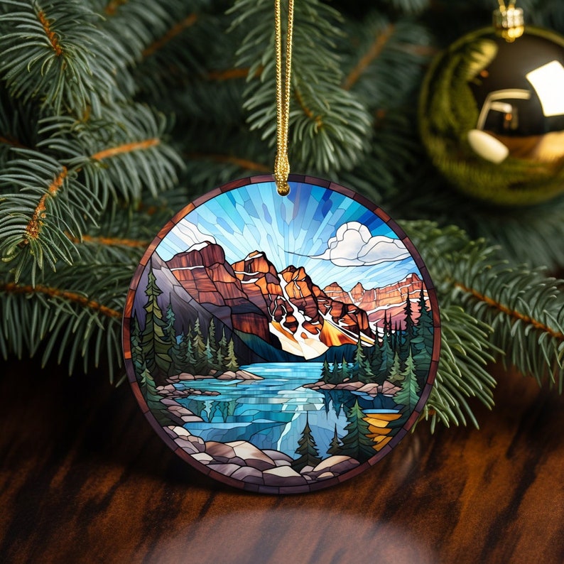 A Christmas ornament done in the stained glass look of Moraine Lake Canada.