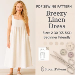Linen Maxi Dress PDF Sewing Pattern: Boho Sleeveless Dress with Pockets (XS-5XL)