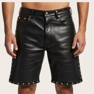 Men’s Genuine Black Leather Shorts – Handmade Studded Biker Shorts | Real Leather Festival Wear, Gothic Punk Streetwear, Rocker Club Outfit