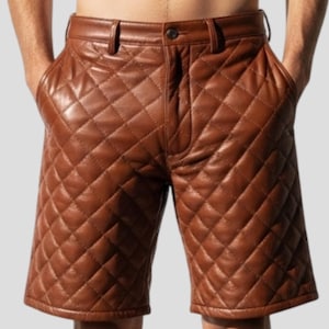 Men’s Genuine Brown Leather Quilted Shorts | Handmade Luxury Leather Bottoms | Biker Gothic Festival Fashion | Custom Summer Outfit