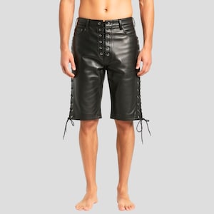 Men’s Black Leather Lace-Up Shorts Genuine Leather Knee-Length Shorts | Handmade Festival Biker Gothic Punk Shorts for Men Side Lace Leather