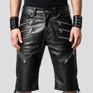 Men’s Black Genuine Leather Shorts | Gothic Punk Biker Style with Zipper Pockets | Rock Festival Steampunk Leather Bermuda Pants