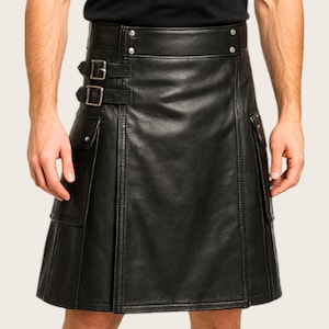 Men’s Black Genuine Leather Kilt Skirt | Gothic Utility Warrior Kilt with Buckle Straps | Handmade Scottish Punk Rock Fashion