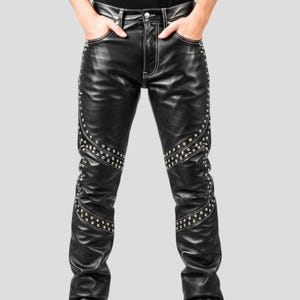 Men’s Black Studded Leather Pants – Handmade Genuine Leather Biker Trousers – Rocker Punk Gothic Festival Pants – Heavy Metal Stage