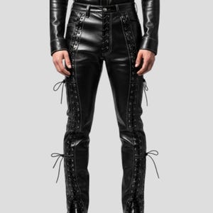 Men’s Genuine Black Leather Lace-Up Pants | Handmade Leather Trousers | Gothic Biker Fetish Fashion | Rocker Festival Outfit