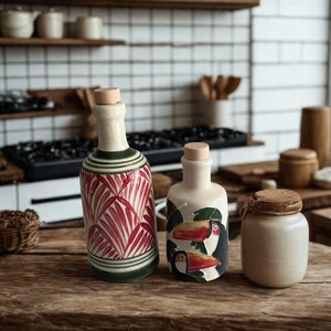 Hand-painted ceramic oil and vinegar bottles with tropical toucan and palm leaf designs, displayed on a rustic wooden kitchen table — colorful artisan pottery perfect for boho kitchens, Mediterranean decor, or as a unique chef and housewarming gift.