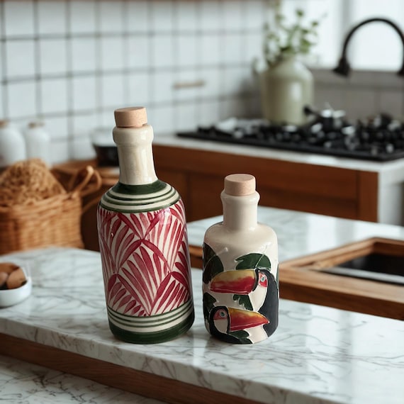 Hand-Painted Ceramic Olive Oil Cruet Set: Oil Bottle