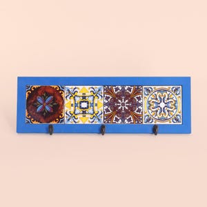 Ceramic Tile Key Holder: Mediterranean Floral Wall Decor, Handmade Entryway Decor, Coat Rack