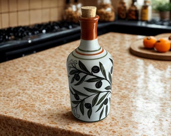 Hand-Painted Ceramic Olive Oil Cruet: Handmade Dispenser, Kitchen Decor, Oil Bottle