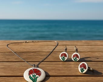 Handmade Ceramic Floral Jewelry Set: Necklace, Earrings & Ring
