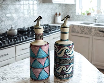 Hand-Painted Ceramic Olive Oil Cruet Set, Oil and Vinegar Bottle, Rustic Kitchen Decor