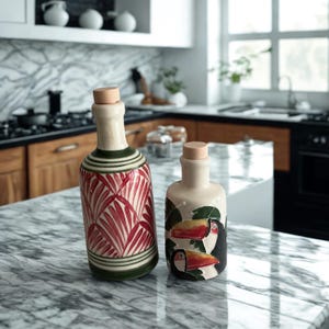 Decorative ceramic oil bottles, rustic boho farmhouse kitchenware, perfect for olive oil, vinegar, or balsamic.
Hand-painted pottery cruet set, eco-friendly ceramic kitchen gift, ideal for gourmet cooking and housewarming.
Mediterranean style ceramic bottles with vibrant palm leaf and toucan bird motifs, artisan kitchen essentials.