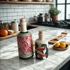 Hand-painted ceramic cruet bottles with tropical toucan and palm leaf patterns, displayed on a marble kitchen countertop with lemons and wooden accessories — vibrant Mediterranean-style pottery ideal for olive oil, vinegar, or as a stylish boho kitchen gift.