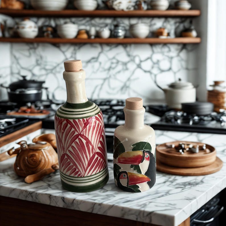 Hand-painted ceramic olive oil and vinegar bottles with cork stoppers, tropical toucan and red palm leaf designs on marble kitchen counter.
Artisan pottery cruet set, Mediterranean kitchen decor, unique handmade ceramic oil dispensers.
Decorative ceramic bottles for olive oil, vinegar, or balsamic, rustic boho farmhouse kitchen style.