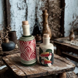 Hand-painted ceramic olive oil and vinegar bottles with cork stoppers, tropical toucan and red palm leaf designs on rustic wooden table.
Artisan pottery cruet set, Mediterranean kitchen decor, handmade ceramic dispensers in farmhouse rustic style.
Decorative ceramic oil bottles, unique hand-painted kitchenware, boho and Mediterranean inspired home gift.